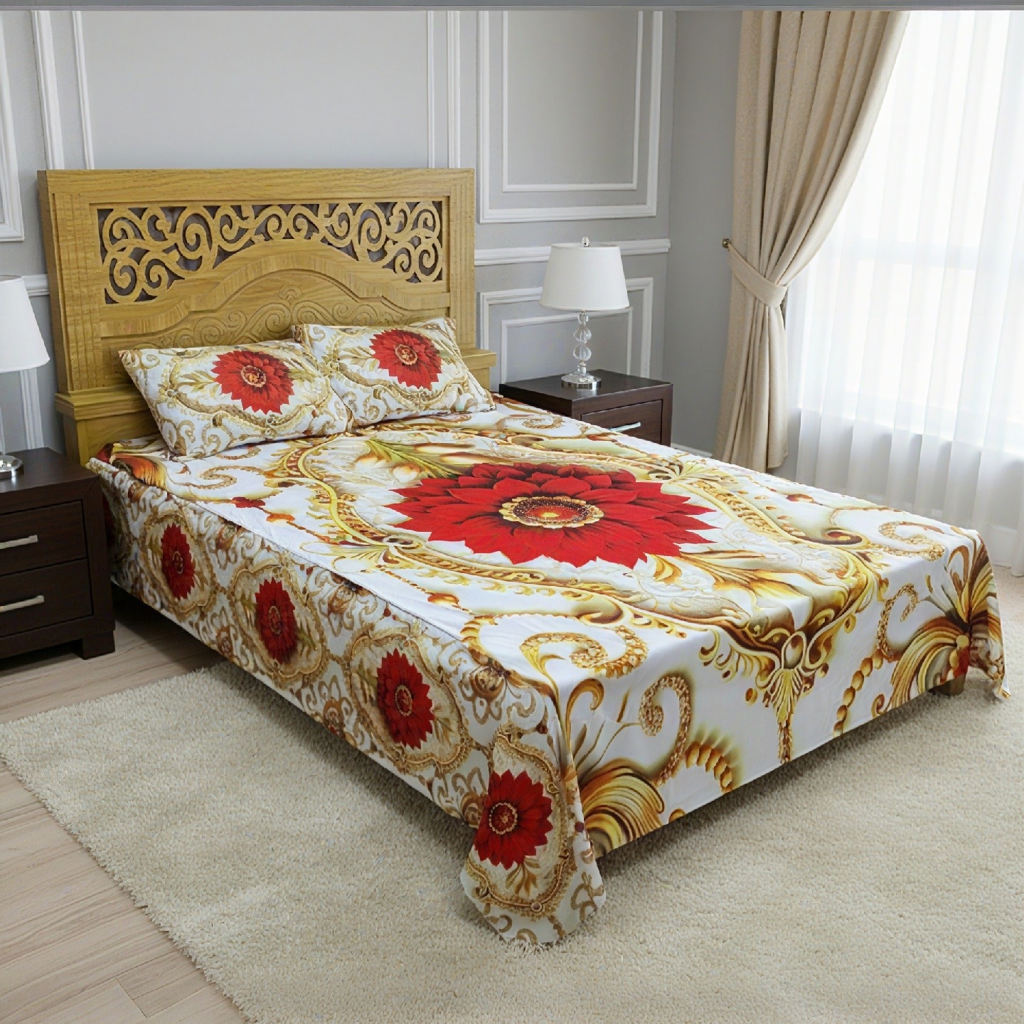 Premium 3D Design China Velvet Bedsheet Set - 7405